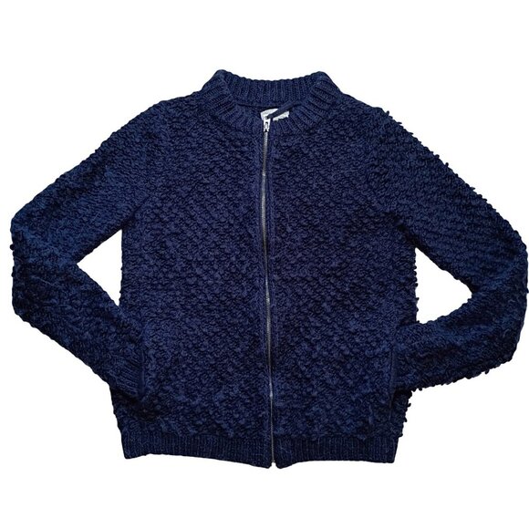 Lucky Brand Women’s M Chunky Knit Wool Alpaca Zip Cardigan Sweater Navy Blue - Picture 3 of 13